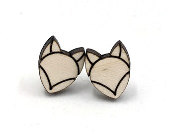 Tiny Fox Wood Stud Earrings - Laser Cut Wood Fox Shaped Earrings - Stainless Steel Posts - Minimalist - Geometric Fox Design - Scrappincop