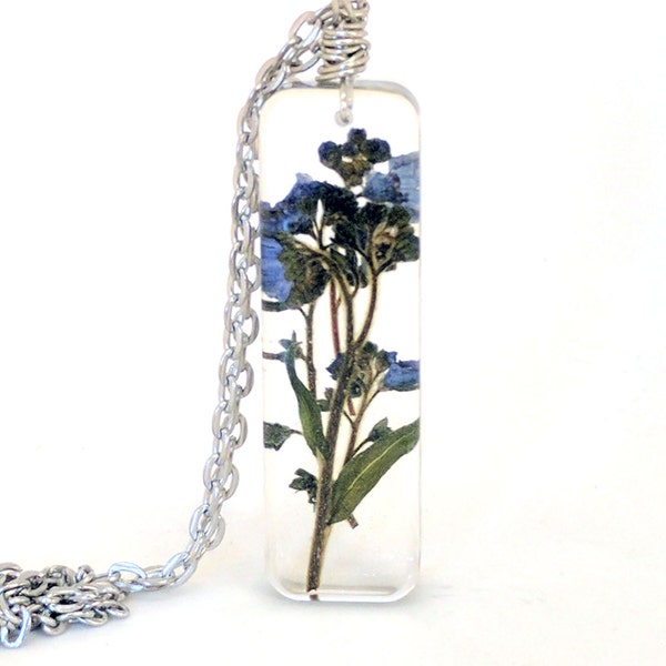 Real Forget me Nots and Stems Necklace - Real Flowers Encased in Resin - Pressed Flower Jewelry - Resin Necklace - Wire Wrapped Pendant