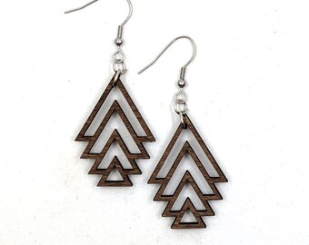 Laser Cut Filigree Wood Earrings - Chevron Arrow Design Wood Dangle Earrings - Stainless Steel Wires - Boho Earrings - Lightweight