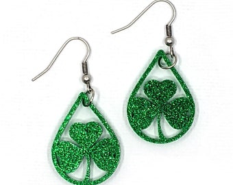 St Patrick's Day Glitter Shamrock Teardrop Earrings - Laser Cut Jewelry -  Acrylic Drop Earrings - Stainless Steel Wires - Irish Earrings