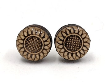 Tiny Sunflower Wood Stud Earrings - Laser Cut Wood Round Shaped Earrings - Stainless Steel Posts - Minimalist Jewelry - Scrappincop