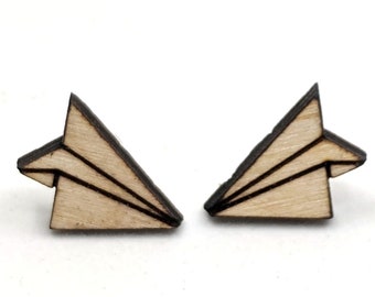 Tiny Paper Airplane Wood Stud Earrings - Laser Cut Wood Airplane Shaped Earrings - Stainless Steel Posts - Minimalist Jewelry - Scrappincop