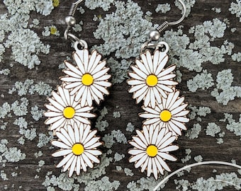 Daisy Wood Dangle Earrings - Laser Cut Floral Jewelry -  Wood Drop Earrings - Stainless Steel Wires - Boho Earrings - Nature Jewelry