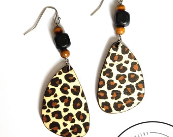 Leopard Print Boho Wood Earrings - Laser Cut Wood Earrings - Leopard Design - Laser Cut Dangle Leopard Earrings