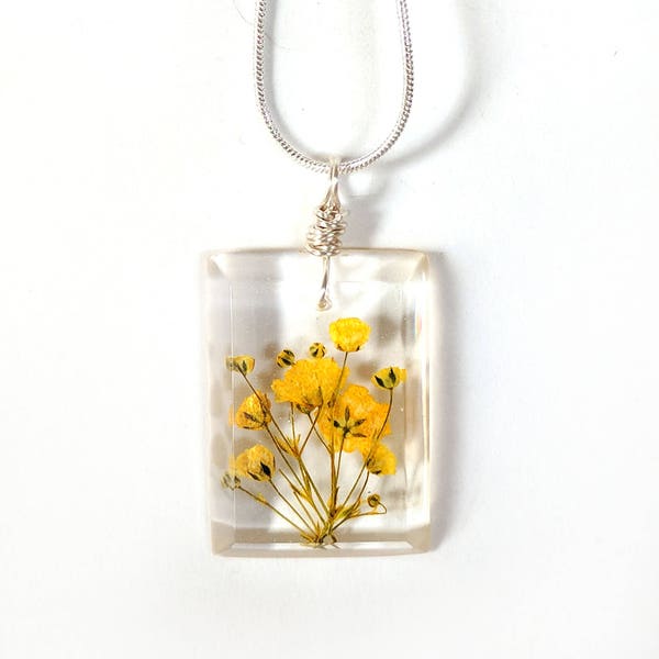 Yellow Baby Breath Necklace - Real Flowers Encased in Resin - Pressed Flower Jewelry - Wire Wrapped Pendant - Resin Jewelry - Rectangle