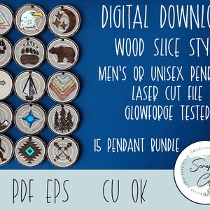 Unisex Men&#39;s Pendant Bundle Laser Cut Digital File - Wood Slice Pendant SVG - Glowforge Pendant Bundle - Outdoor Mountain Bear Eagle SVG