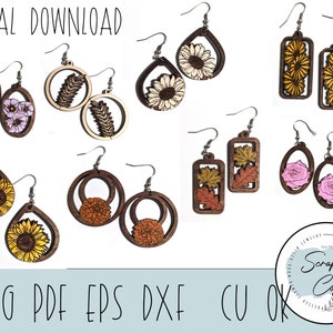 Op de afbeelding: Digitale download van SVG-, PDF-, EPS-, DXF- en CU-bestanden voor het lasersnijden van oorbellen. De oorbellen hebben verschillende bloemenmotieven, waaronder zonnebloemen, rozen en madeliefjes, in tinten geel, roze en wit. De oorbellen zijn gemaakt van hout en hebben een natuurlijke afwerking.