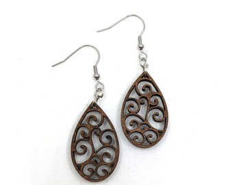 Laser Cut Filigree Wood Earrings - Teardrop Swirl Design Wood Dangle Earrings - Stainless Steel Wires - Boho Earrings - Lightweight