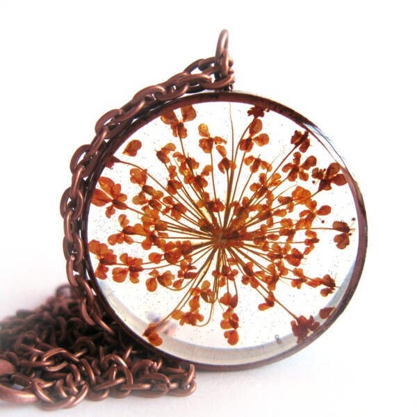 Orange Queen Anne's Lace Resin Pendant - Real pressed flower encased in resin with open back copper pipe bezel, Pressed Flower Jewelry