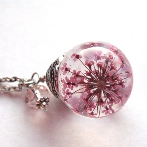 Pink Queen Anne's Lace Resin Pendant Necklace Sphere  - Pink  Flowers encased in resin orb, Pressed Flower Jewelry
