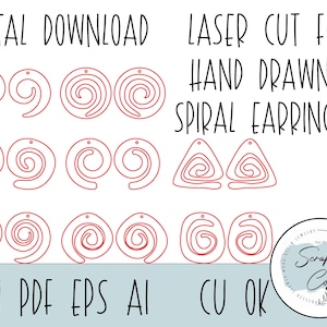 May include: Digital download of laser cut file for hand drawn spiral earrings. The design includes six different spiral earring shapes, including round and triangular shapes. The file is available in SVG, PDF, EPS, and AI formats.