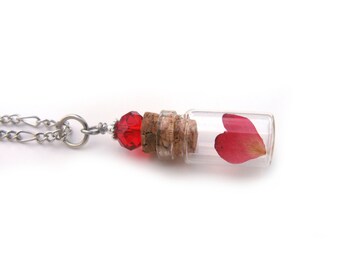 Heart Rose Petal Glass Bottle Necklace - Flower Petal in Glass Vial -  Pressed Flower Jewelry - Glass Bottle Pendant -  Botanical Jewelry