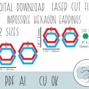 May include: Digital download laser cut file for impossible hexagon earrings in two sizes, 1.8 inches by 46 millimeters and 1.6 inches by 41 millimeters. The earrings are red and blue. The file includes studs.