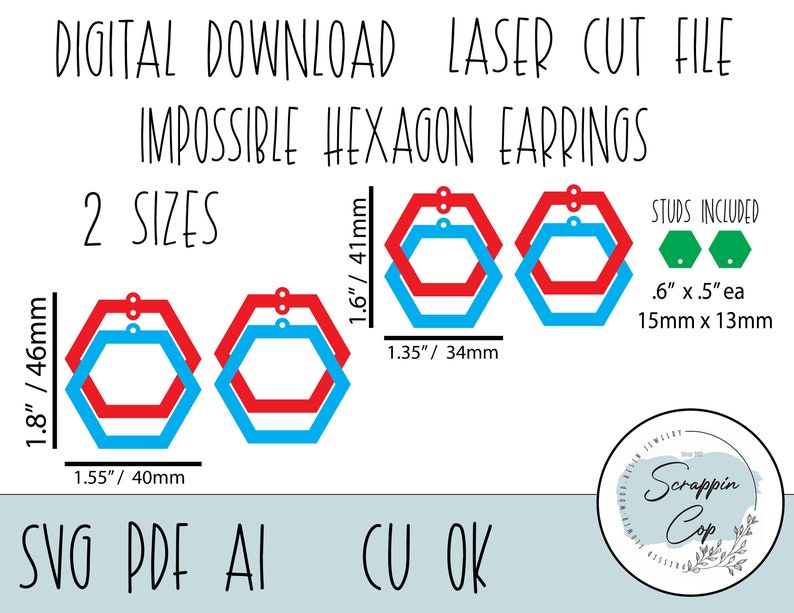 May include: Digital download laser cut file for impossible hexagon earrings in two sizes, 1.8 inches by 46 millimeters and 1.6 inches by 41 millimeters. The earrings are red and blue. The file includes studs.