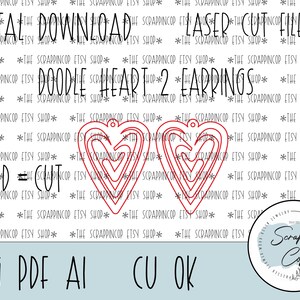 Puede incluir: Descarga digital de un archivo de corte por l&aacute;ser para dos pendientes de coraz&oacute;n doodle. El dise&ntilde;o es rojo y presenta una forma de coraz&oacute;n en capas. El texto "RED = CUT" est&aacute; incluido en la imagen. La imagen tambi&eacute;n incluye el texto "SVG PDF AI CU OK".