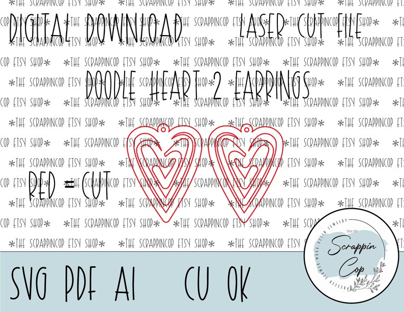 Puede incluir: Descarga digital de un archivo de corte por l&aacute;ser para dos pendientes de coraz&oacute;n doodle. El dise&ntilde;o es rojo y presenta una forma de coraz&oacute;n en capas. El texto "RED = CUT" est&aacute; incluido en la imagen. La imagen tambi&eacute;n incluye el texto "SVG PDF AI CU OK".