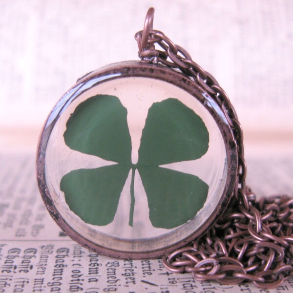 Lucky 4 Leaf Clover Pendant - Real 4 leaf clover encased in resin with clear copper bezel, Pressed Flower Jewelry