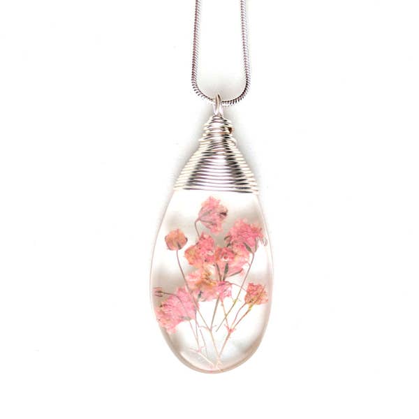 Rosa Baby-Atem-Halskette - echte Blumen eingefasst in Tropfenform, Harz - gepresste Blumenschmuck - Draht gewickelt Anhänger - Harz-Schmuck-