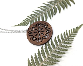 Round Mandala Wood Pendant Necklace - Laser Engraved and Cut Geometric Necklace - Boho Necklace - Wood Jewelry - Statement Necklace