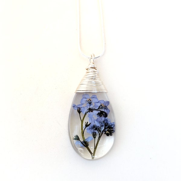 Forget Me Not Resin Necklace  - Real Flowers Encased in Resin - Pressed Flower Jewelry - Resin Necklace - Resin Jewelry - Teardrop Shape