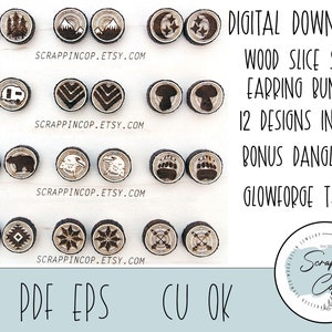 Peut inclure: Un ensemble de 12 paires de boucles d'oreilles en forme de rondins de bois, comprenant un ensemble de boucles d'oreilles pendantes en bonus. Les motifs présentent divers thèmes d'inspiration nature, tels que des arbres, des montagnes et des animaux. Les boucles d'oreilles sont découpées au laser et prêtes à être utilisées pour des projets d'artisanat. Le texte "SCRAPPINCOP.ETSY.COM" est visible sur l'image. Le texte "DIGITAL DOWNLOAD WOOD SLICE STUD EARRING BUNDLE 12 DESIGNS INCLUDED BONUS DANGLE SET GLOWFORGE TESTED" est également visible sur l'image. Le texte "SVG PDF EPS CU OK" est visible sur l'image. Le texte "Scrappin Cop" est visible sur l'image.