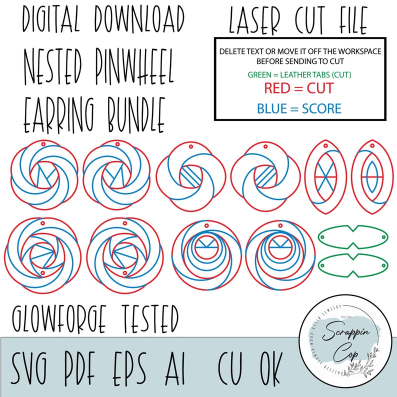 May include: A digital download of laser cut files for nested pinwheel earrings. The design includes red, blue, and green lines. The text on the image reads "Digital Download Laser Cut File Nested Pinwheel Earring Bundle Glowforge Tested SVG PDF EPS AI CU OK".