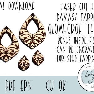 Damask Teardrop Earring Laser Cut File Damask Design Earrings SVG Glowforge Cut File Digital Download Only Ornate Earring SVG image 2