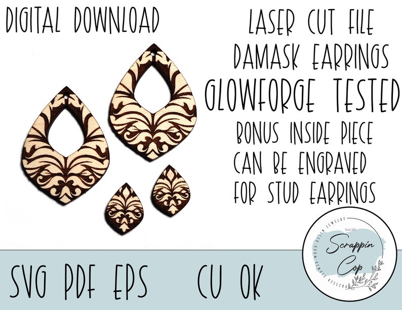 Damask Teardrop Earring Laser Cut File Damask Design Earrings SVG Glowforge Cut File Digital Download Only Ornate Earring SVG image 2