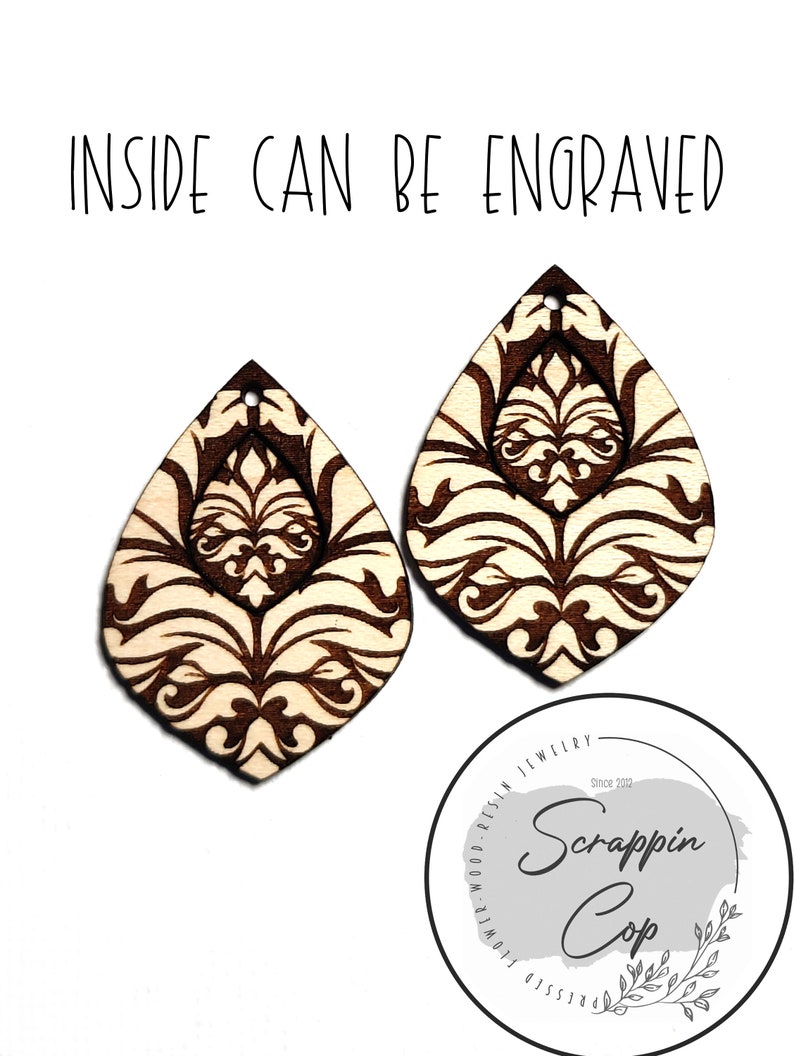 Damask Teardrop Earring Laser Cut File Damask Design Earrings SVG Glowforge Cut File Digital Download Only Ornate Earring SVG image 3