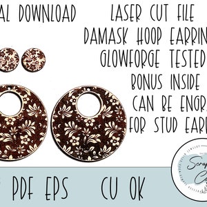 Damask Hoop Earring Laser Cut File Damask Design Earrings SVG Glowforge Cut File Digital Download Only Ornate Earring SVG Studs image 2