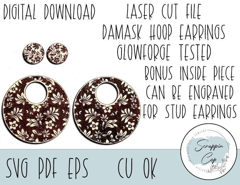 Damask Hoop Earring Laser Cut File Damask Design Earrings SVG Glowforge Cut File Digital Download Only Ornate Earring SVG Studs image 2