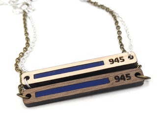 Thin Blue Line Personalized Necklace for Police Wife - Personalized with Engraved Badge Number - Wood Bar Necklace - Back the Blue