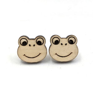 Tiny Frog Wood Stud Earrings - Laser Cut Wood Frog Shaped Earrings - Stainless Steel Posts - Minimalist - Adorable Frog - Scrappincop