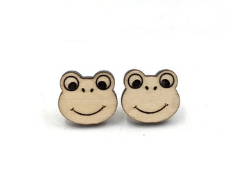 Tiny Frog Wood Stud Earrings - Laser Cut Wood Frog Shaped Earrings - Stainless Steel Posts - Minimalist - Adorable Frog - Scrappincop