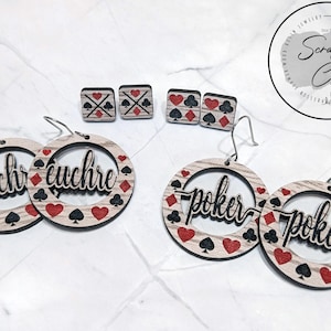 Lot de boucles d'oreilles Euchre poker SVG - fichier boucle d'oreille laser - lecteur de cartes SVG - boucle d'oreille jetons de poker SVG - usage commercial - téléchargement numérique