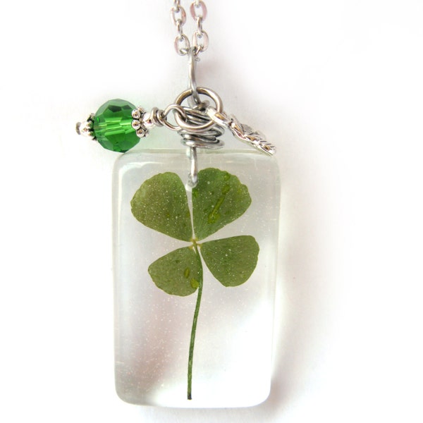 Real Four Leaf Clover Necklace - Real 4 Leaf Clover  Encased in Resin - Pressed Flower Jewelry - Resin Necklace - Wire Wrapped Pendant