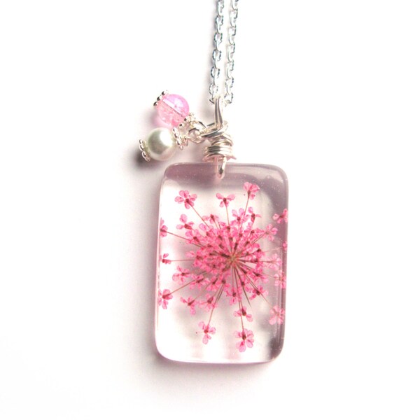 Real Queen Anne Lace Necklace - Real Pink Flower Encased in Resin - Pressed Flower Jewelry - Resin Necklace - Wire Wrapped Pendant