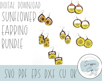 Sunflower Earring Bundle Laser Cut Digital File - Pendientes de diseño de flores SVG - Pendientes Glowforge - Solo descarga digital - Uso comercial