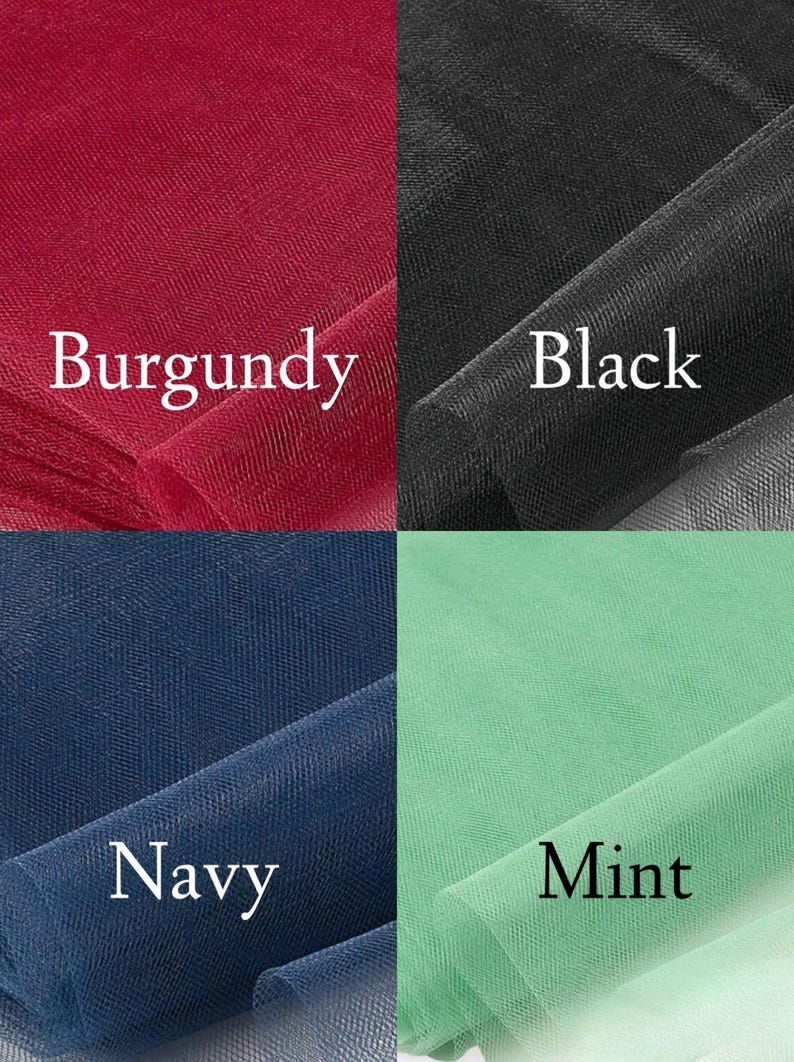 May include: Close-up of four fabric swatches in burgundy, black, navy, and mint green. The colors are labeled with white text: "Burgundy", "Black", "Navy", and "Mint". The fabric appears to be a fine mesh or tulle.