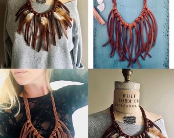 Braided Leather Necklace- Burning man, Necklace- Western Jewelry- Leather Fringe Necklace, club wear, music festival,dance wear,body jewelry