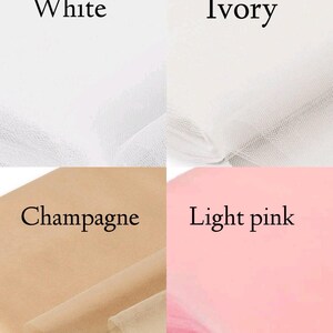 May include: A fabric swatch image showcasing four colors: white, ivory, champagne, and light pink. Each color is labeled with its name in a clear, easy-to-read font. The fabrics appear to be tulle or a similar sheer material.