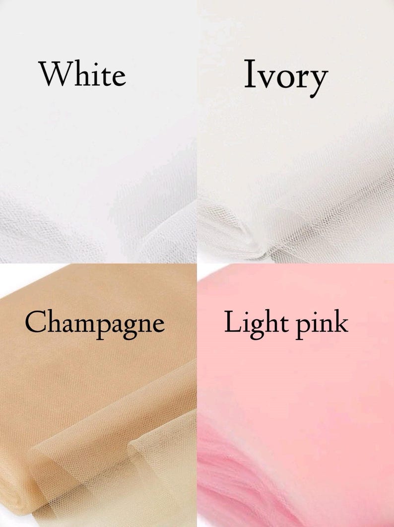 May include: A fabric swatch image showcasing four colors: white, ivory, champagne, and light pink. Each color is labeled with its name in a clear, easy-to-read font. The fabrics appear to be tulle or a similar sheer material.