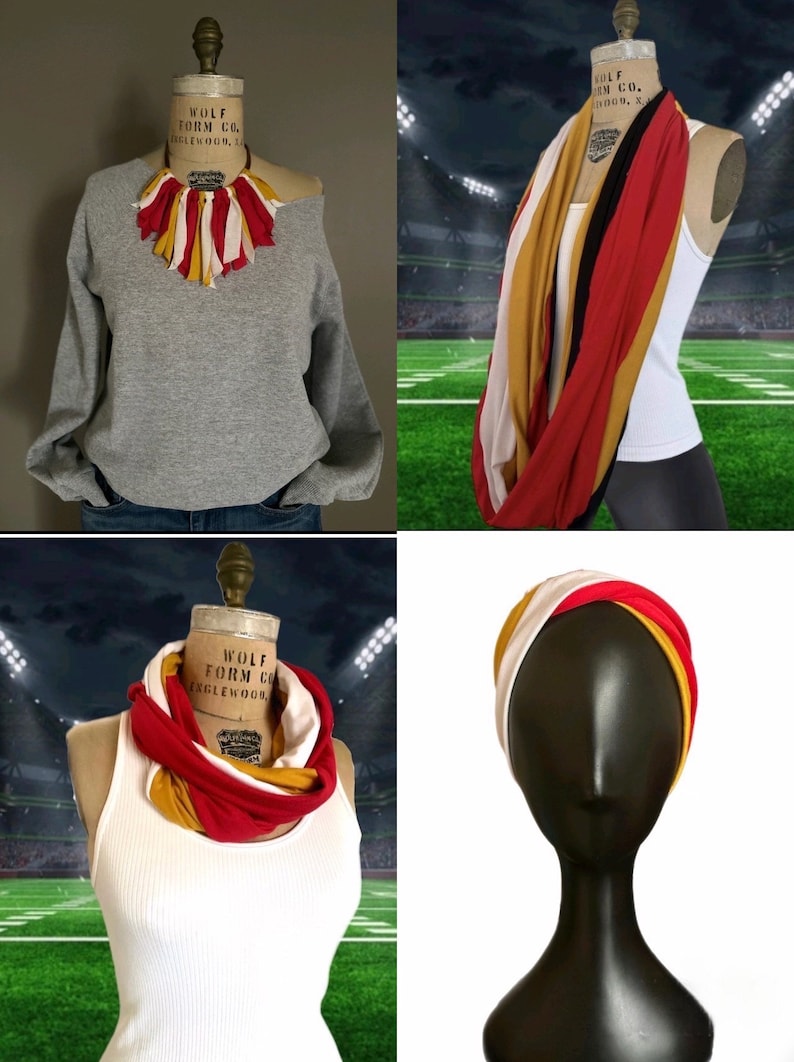 K&ouml;nnte beinhalten: Eine Sammlung von Accessoires, darunter ein graues Sweatshirt mit einer Halskette aus rotem, gelbem und wei&szlig;em Stoff, ein roter, gelber, schwarzer und wei&szlig;er Loop-Schal und ein passendes Stirnband. Die Artikel werden auf Schaufensterpuppen pr&auml;sentiert.