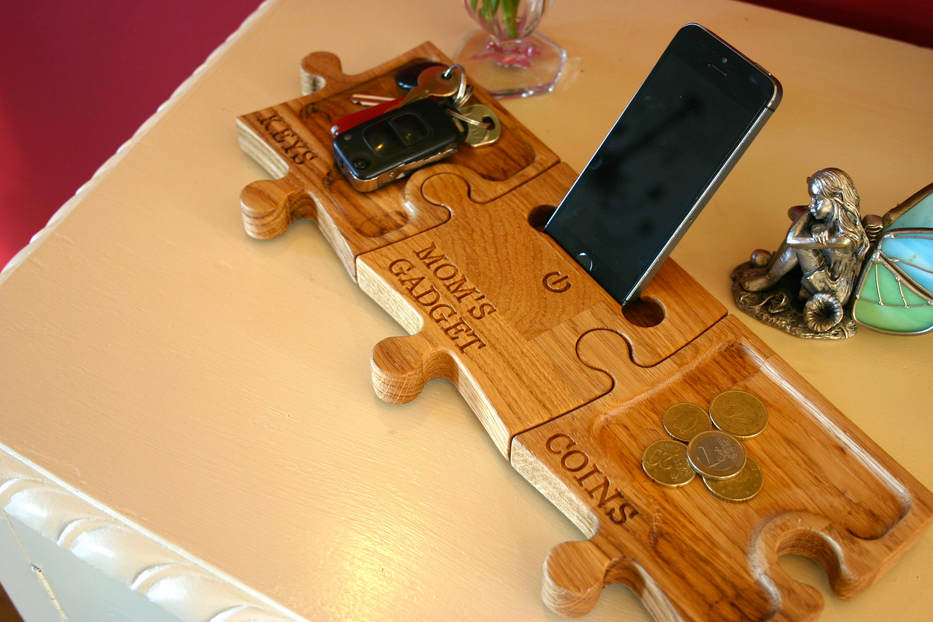 Phone Coin & Key Trays Personalized Wooden Oak Docking Etsy