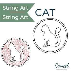 Puede incluir: Patrón de arte de hilo para un gato. La imagen muestra un contorno en blanco y negro de un gato con un diseño de arte de hilo rojo a la izquierda y un contorno en blanco y negro de un gato a la derecha. El texto "CAT" está encima de la imagen.