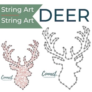 Op de afbeelding: String art patroon van een hertenkop met geweien. Het patroon is weergegeven in zwarte en rode lijnen. Het woord "DEER" staat in grote blauwe letters bovenaan de afbeelding.