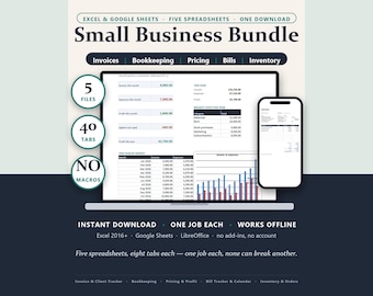 Small Business Spreadsheet Bundle: Invoice, Bookkeeping, Pricing, Bill Tracker, Inventory (Excel/Google Sheets)