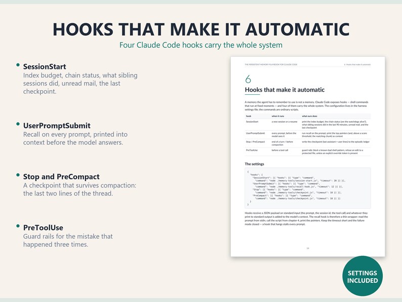 May include: An educational infographic titled Hooks That Make It Automatic, detailing four Claude Code hooks: SessionStart, UserPromptSubmit, Stop and PreCompact, and PreToolUse. A document page on the right displays a table and code snippet.
