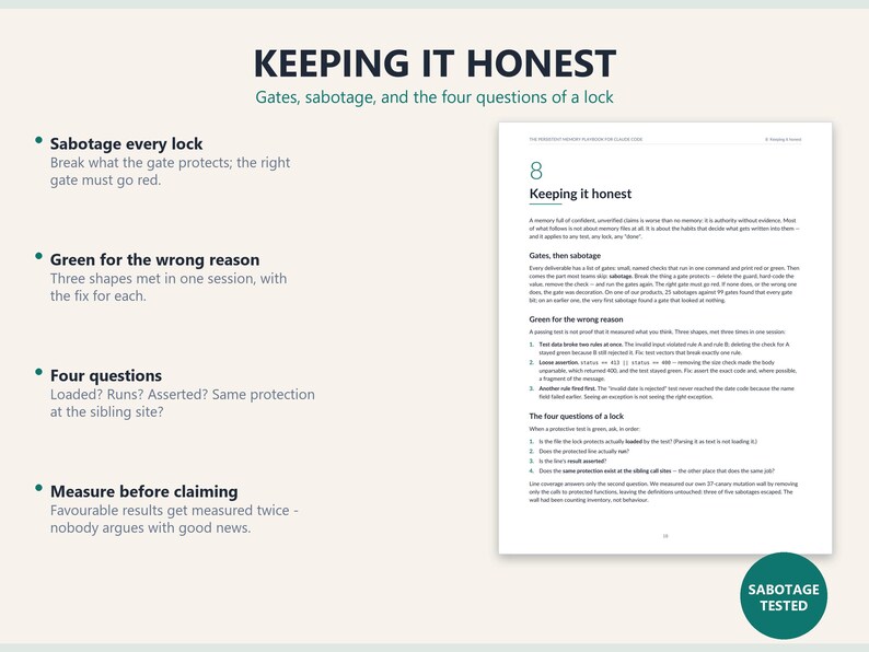 May include: A page from a technical document titled Keeping It Honest, featuring sections on sabotage, gate protection, and four questions of a lock. The text includes bulleted points and a circular badge in the bottom right corner reading Sabotage Tested.