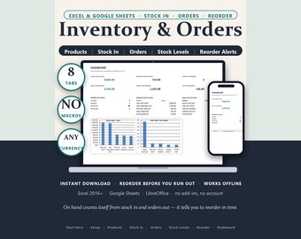 Inventory Tracker Spreadsheet: Stock Value, Reorder Alerts, Orders (Excel/Google Sheets)